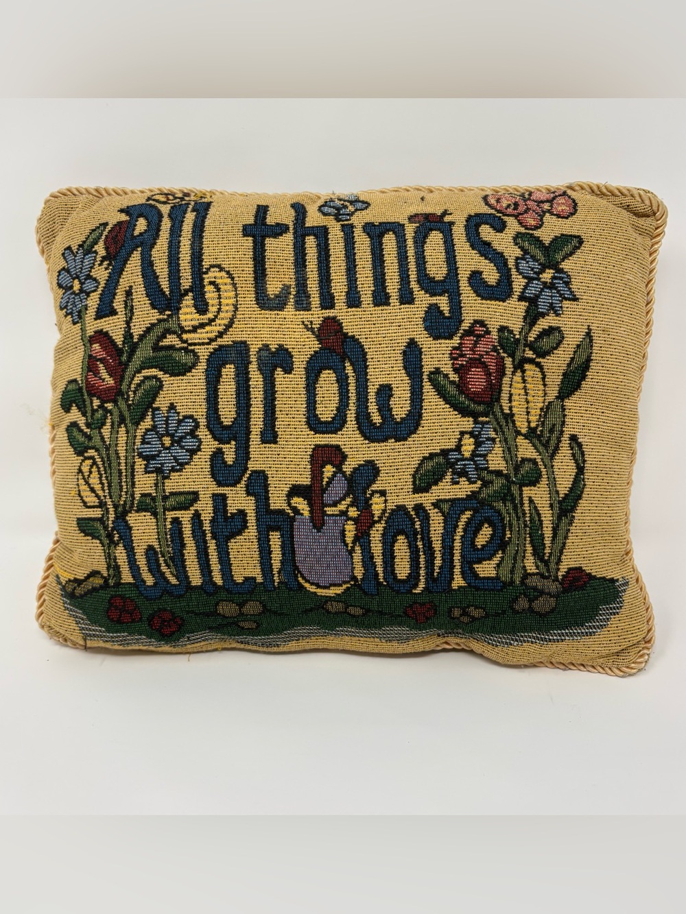 Vintage Quaint Tapestry Pillow "All Things Grow With Love" Double Sided